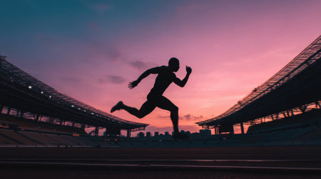 A striking silhouette of a runner captured in motion against a vibrant sunset sky. The empty athletic stadium creates a dramatic setting for this dynamic scene.の素材