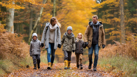 A happy family strolls through a vibrant autumn forest, dressed in warm clothing. The scene captures the joy of togetherness in nature's colorful embrace.の素材