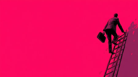 A dynamic illustration of a businessman climbing a ladder against a striking pink background, symbolizing ambition, growth, and the pursuit of professional success in a modern environment.の素材