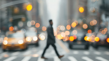 A soft, blurred image captures a pedestrian crossing a busy urban street, surrounded by traffic and a beautiful bokeh effect, reflecting the energy of city life.の素材