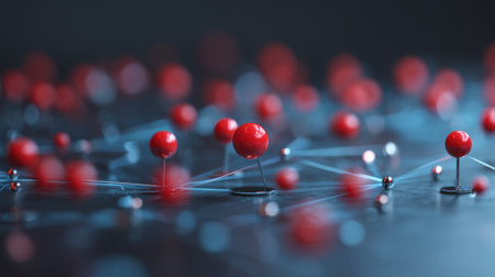 This captivating abstract image features red spheres connected by delicate wires, symbolizing networking and collaboration in a digital landscape. Ideal for tech-related projects.の素材