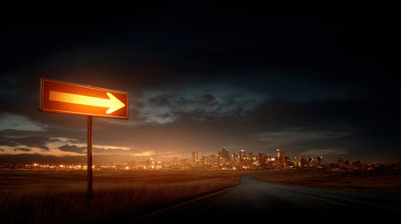 A glowing arrow sign stands on an open road guiding viewers towards a distant city skyline, set against a dramatic twilight sky. Ideal for travel themes.の素材
