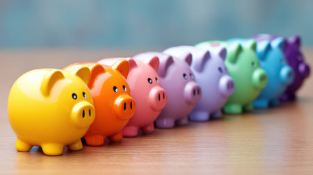 A vibrant collection of colorful piggy banks arranged neatly on a wooden table, representing concepts of savings, budgeting, and financial management for personal finance education.の素材