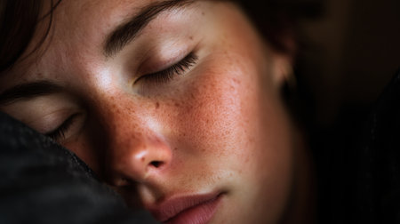 A close-up view of a young woman with freckles sleeping peacefully on a dark pillow. The soft natural light enhances her serene expression, evoking calmness.の素材