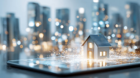 A striking digital representation of a house displayed on a tablet, surrounded by an illuminated urban skyline, symbolizing innovation in real estate technology.の素材