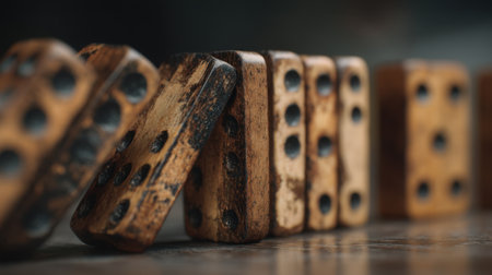 A beautifully arranged set of vintage wooden dominoes rests on a rustic surface. The image captures the textures and details, perfect for games and leisure themes.の素材