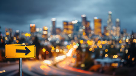 A captivating urban night scene featuring a yellow arrow sign pointing right against a backdrop of blurred city lights, creating a dynamic and vibrant atmosphere.の素材