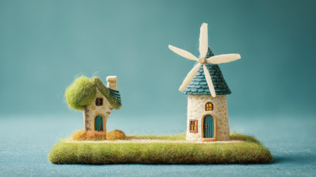 A delightful scene featuring miniature houses and a windmill set on a green grass mat. This charming setup brings a whimsical touch to any creative project or decor.の素材