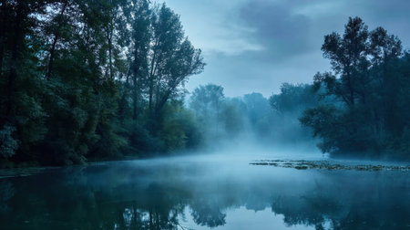 A serene landscape captures a tranquil lake enveloped in soft blue mist, surrounded by lush trees reflecting on the still water, embodying peace and natural beauty.の素材