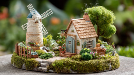 A delightful miniature scene showcasing a windmill and cozy cottage nestled in a vibrant garden, perfect for decoration or inspiration in creative projects.の素材
