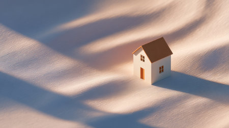 A small model house sits gracefully on a smooth sand surface, illuminated by soft warm light, casting gentle shadows that enhance the tranquility of the scene.の素材