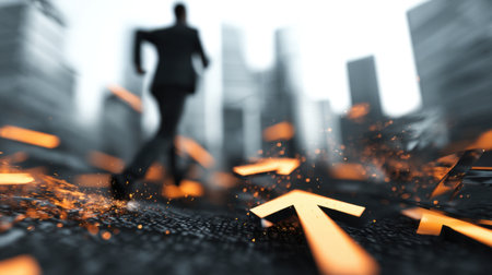 A determined business professional strides through a bustling city street, surrounded by vibrant arrows symbolizing motivation and forward momentum in a dynamic urban environment.の素材