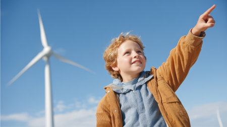 A joyful child enthusiastically points towards a wind turbine against a clear blue sky, symbolizing hope for a sustainable future and the importance of renewable energy.の素材