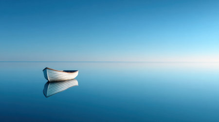 A beautiful scene showcasing a solitary white boat gently floating on calm water, reflecting a clear blue sky. This peaceful landscape evokes a sense of tranquility and solitude.の素材