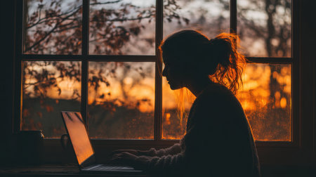 A silhouette of a woman working on her laptop at sunset, framed by a large window. This scene captures cozy ambiance and inspiring reflection on a tranquil evening.の素材