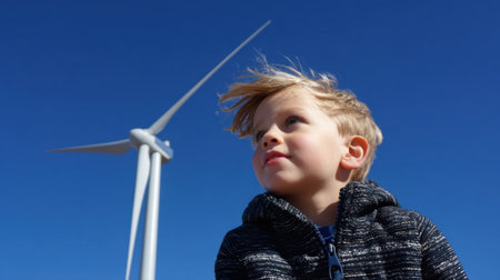 A young boy admires a wind turbine under a vibrant blue sky, symbolizing hope and energy innovation while connecting youth with sustainability and our environment.の素材