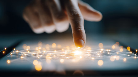 A close-up of a finger touching a glowing digital screen, showcasing illuminated connections and sparks that symbolize modern technology and interaction.の素材