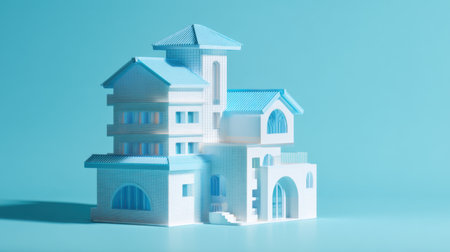 A stunning model of a modern architectural structure featuring a blue roof and white facade set against a soft blue background, perfect for creative projects.の素材