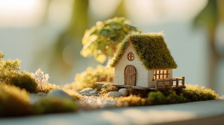 A delightful miniature house surrounded by soft moss and tiny trees, bathed in warm sunlight, creating a peaceful and imaginative garden scene perfect for relaxation.の素材