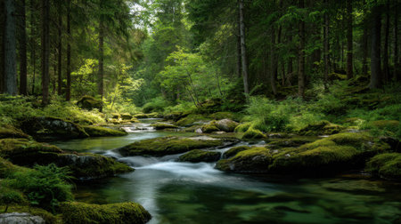 Experience the calming beauty of a forest stream, where gentle water flows through vibrant greenery, bringing peace and harmony to the natural landscape.の素材
