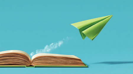 A vibrant green paper airplane flies out of an open book against a bright blue background, encapsulating the essence of imagination and creativity in storytelling and education.の素材