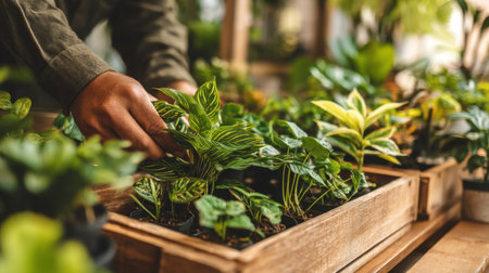 A close-up of a hand carefully tending to a lush indoor plant in a charming wooden planter, set within a vibrant greenhouse filled with a variety of greenery and natural light.の素材
