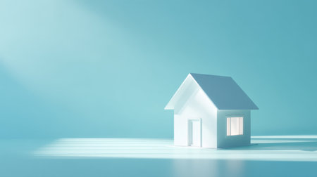 This image showcases a minimalist white house model placed on a soft blue background, creating a tranquil atmosphere enhanced by gentle rays of sunlight and shadows.の素材