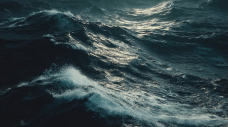 Captivating image of tumultuous ocean waves at dusk, showcasing glimmering light reflections on dark waters, conveying a sense of nature's raw power and beauty.の素材