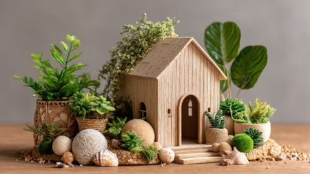 This image showcases a charming miniature wooden house artfully placed among lush decorative plants and natural elements, perfect for enhancing home decor and crafting inspiration.の素材