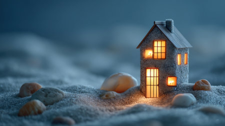 A charming miniature house radiates a soft glow in the dark amidst a sandy landscape, surrounded by smooth pebbles, inviting a sense of warmth and enchantment.の素材