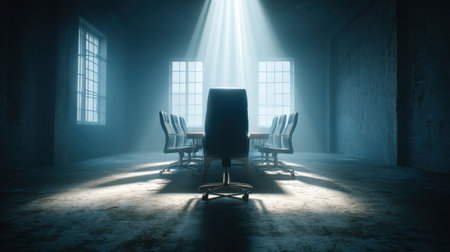A captivating image of an empty conference room bathed in dramatic lighting and shadows, evoking a sense of mystery and solitude in professional spaces.の素材