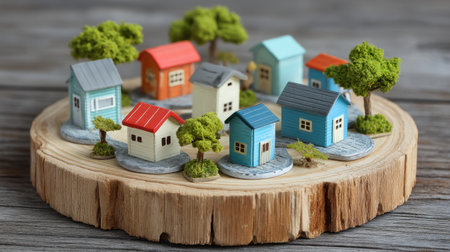 This captivating image features miniature houses in various colors set on a wooden base, surrounded by greenery, creating an enchanting village atmosphere.の素材
