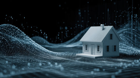 A miniature house model sits on a dynamic surface of digital waves, symbolizing the intersection of real estate, technology, and innovative housing solutions.の素材