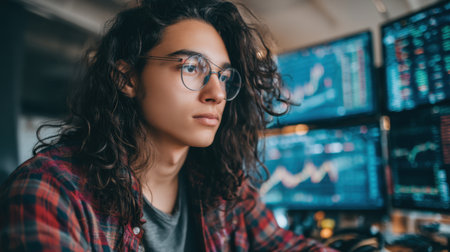 A young male trader deeply focused on analyzing stock market trends and data using multiple screens in a modern office environment.の素材