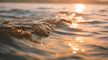 Explore a tranquil water surface illuminated by sunset hues, featuring gentle waves that create a serene atmosphere, perfect for relaxation and nature appreciation.の素材