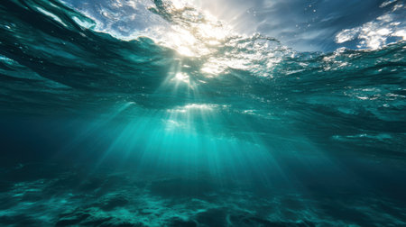 A captivating view from beneath the ocean waves, showcasing beams of sunlight piercing through the water. The vibrant blue tones create a serene and tranquil scene.の素材