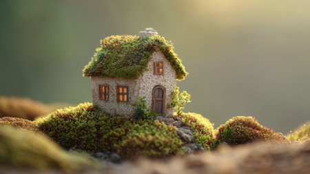 A captivating miniature house sits on a vibrant bed of moss, bathed in soft sunlight, creating a serene and whimsical atmosphere in a tranquil forest setting.の素材