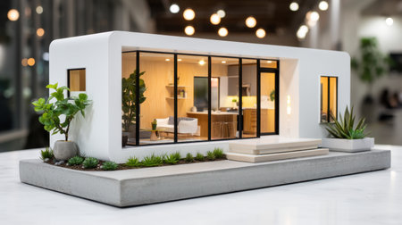 A detailed architectural model of a modern house featuring large windows and lush greenery, ideal for showcasing contemporary design concepts in residential architecture.の素材