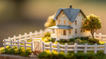 This captivating image features a beautifully crafted miniature house model, surrounded by lush greenery and a quaint white fence, evoking the essence of home.の素材
