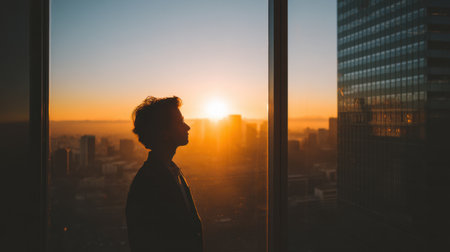A solitary figure stands in silhouette at sunset, gazing out a skyscraper window. The vibrant colors of dusk illuminate the urban landscape, creating a tranquil scene.の素材