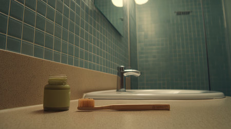 A serene bathroom scene showcasing a wooden toothbrush and a jar of natural toothpaste on a countertop, complemented by soothing blue tiles and soft lighting.の素材