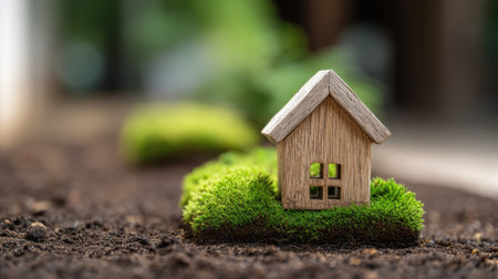 A charming miniature wooden house sits atop lush green moss in a rich soil bed, creating a serene garden scene that embodies nature's beauty and tranquility.の素材