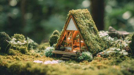 A delightful miniature house with a mossy roof sits gracefully in a lush green environment, inviting viewers to explore its serene and enchanting atmosphere.の素材