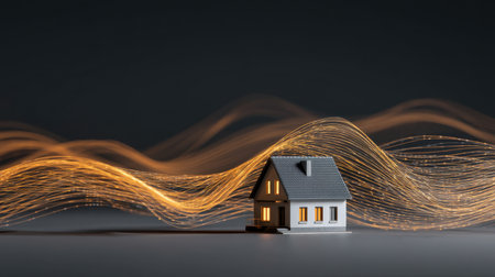 A small white house model with glowing windows is surrounded by luminous wave patterns on a dark background, symbolizing innovation and the warmth of home.の素材