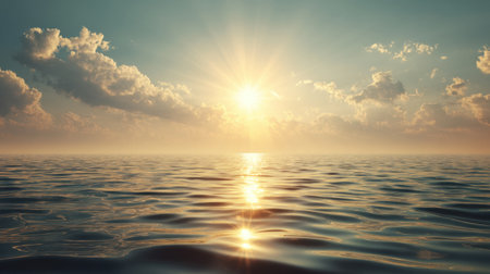A breathtaking view of a serene sunrise over calm ocean water, showcasing gentle waves and illuminated clouds reflecting warm sunlight, creating a tranquil atmosphere.の素材
