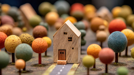 This charming scene features a miniature wooden house surrounded by colorful tree sculptures, creating a whimsical landscape that inspires creativity and warmth.の素材