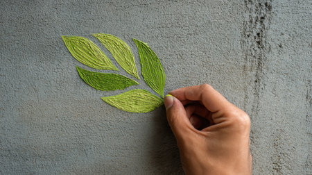 A close-up view of a hand carefully placing a green leaf motif on a textured gray surface. This image represents creativity and nature-inspired art, highlighting craftsmanship.の素材