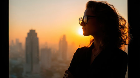 A striking silhouette of a woman gazing at a vibrant skyline during sunrise, conveying a sense of peaceful reflection amidst an urban backdrop.の素材