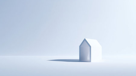 A minimalist white house model sits on a shiny surface, casting a gentle shadow in a brightly lit and empty space, perfect for modern design or real estate concepts.の素材