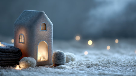 A charming miniature winter house illuminated gently, surrounded by soft snow and cozy decorations, evoking a serene and warm holiday spirit, perfect for seasonal inspiration.の素材
